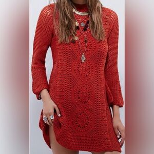 Free People Rosalind Burnt Orange Crochet Long Bell Sleeve Dress NWOT Large